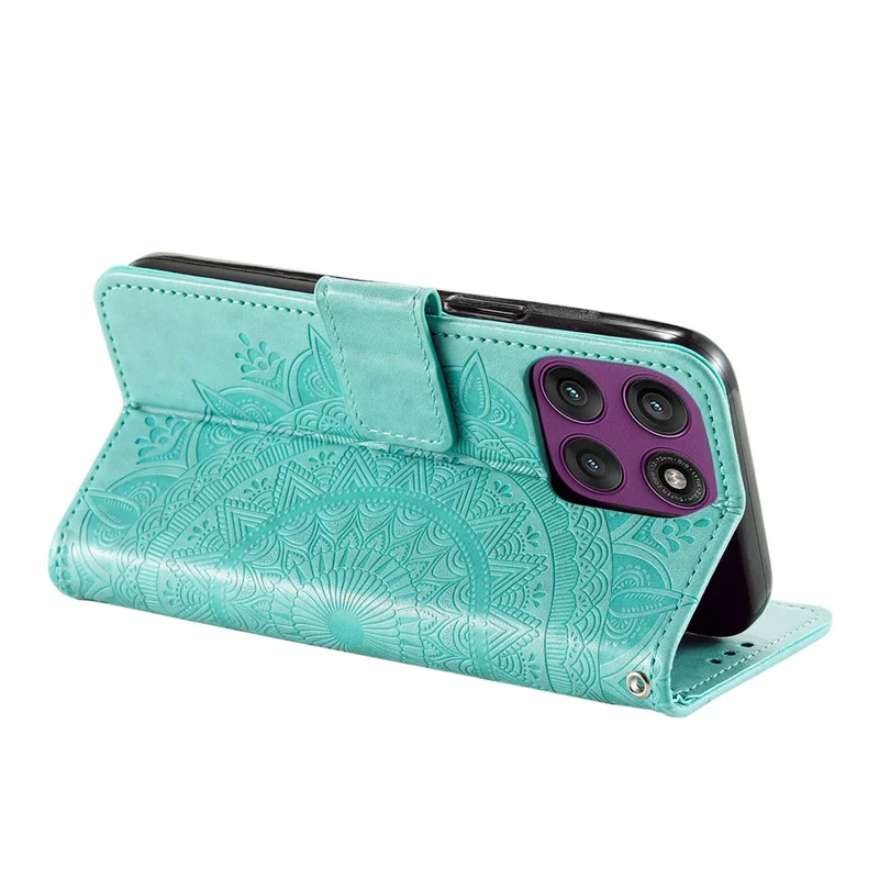 For Motorola Edge 60 Pro 5G Stand Case Imprinted Totem PU Leather Wallet Phone Cover with Wrist Strap - Mint Green