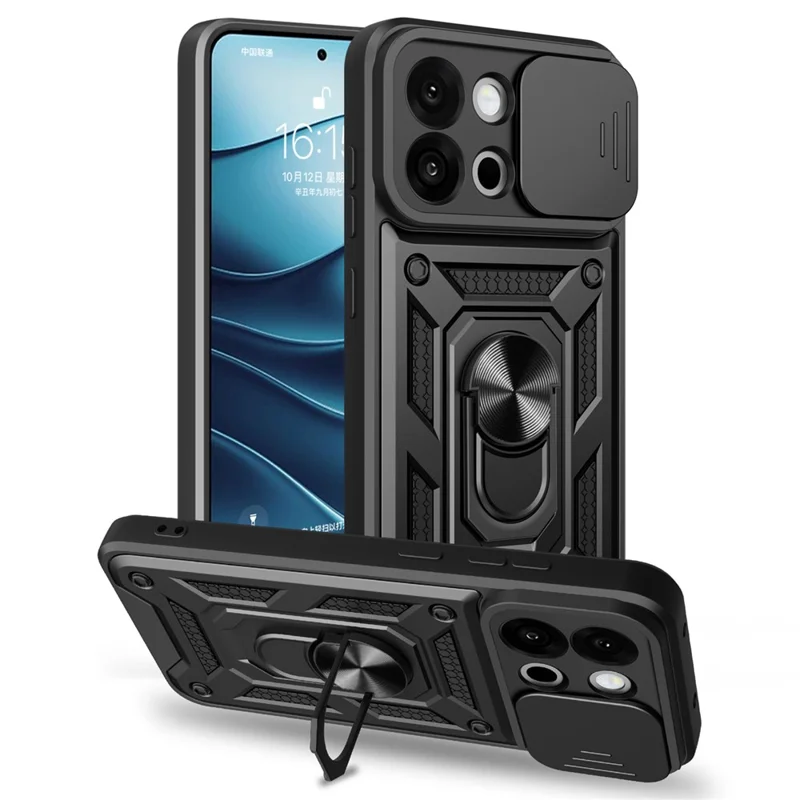 For OnePlus 13s 5G  /  13T 5G Case with Slide Camera Lid PC + TPU Kickstand Phone Cover - Black