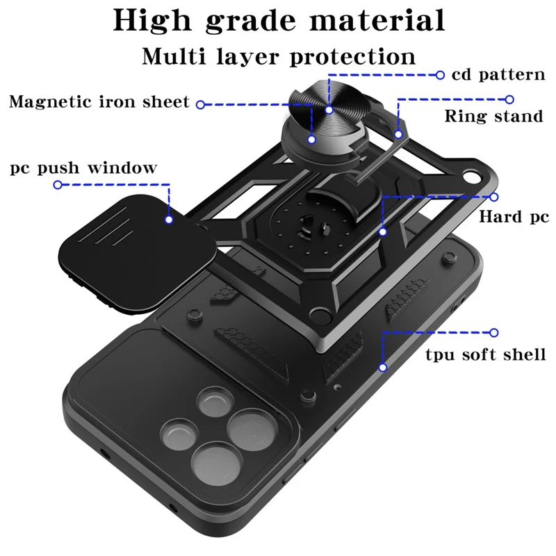 For OnePlus 13s 5G  /  13T 5G Case with Slide Camera Lid PC + TPU Kickstand Phone Cover - Black