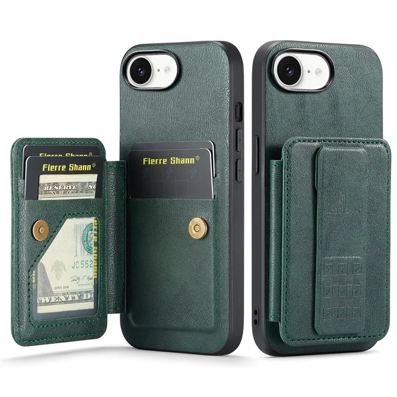 FIERRE SHANN 024 For iPhone 17e / 16e Case Card Holder Kickstand Waxy Texture Leather + TPU Phone Cover - Green
