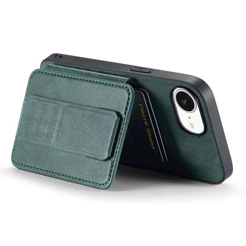 FIERRE SHANN 024 For iPhone 17e / 16e Case Card Holder Kickstand Waxy Texture Leather + TPU Phone Cover - Green