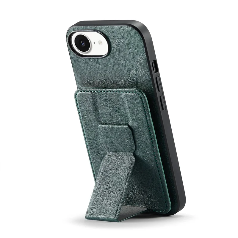 FIERRE SHANN 024 For iPhone 17e / 16e Case Card Holder Kickstand Waxy Texture Leather + TPU Phone Cover - Green