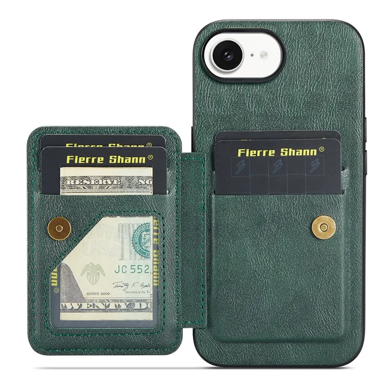 FIERRE SHANN 024 For iPhone 17e / 16e Case Card Holder Kickstand Waxy Texture Leather + TPU Phone Cover - Green