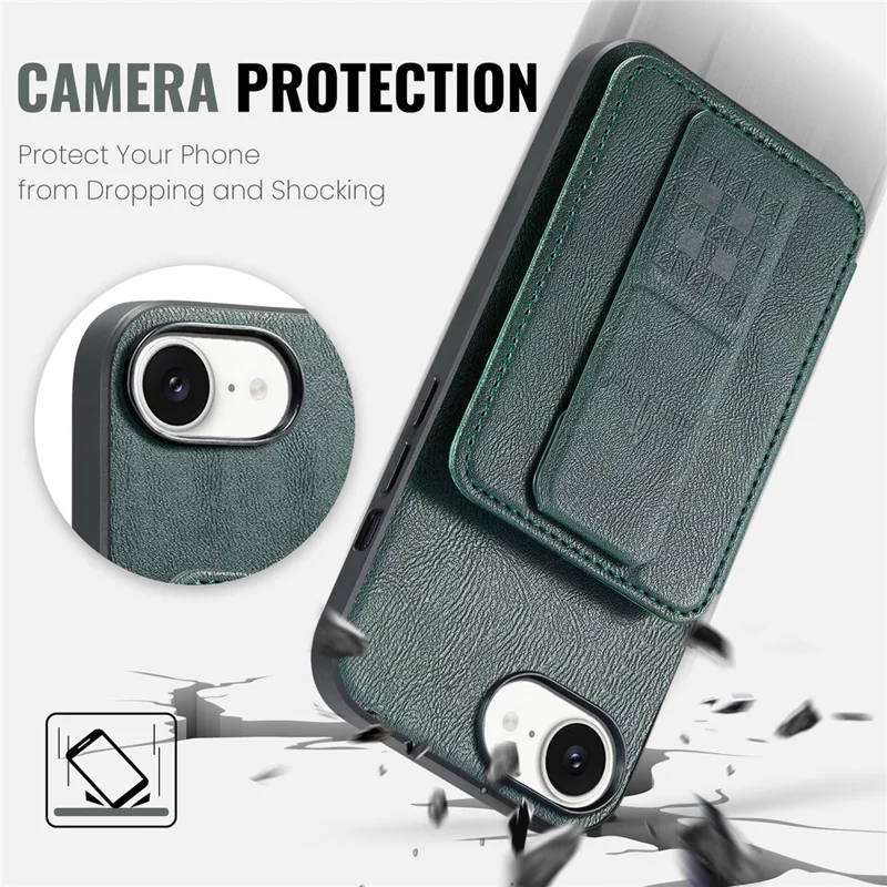 FIERRE SHANN 024 For iPhone 17e / 16e Case Card Holder Kickstand Waxy Texture Leather + TPU Phone Cover - Green