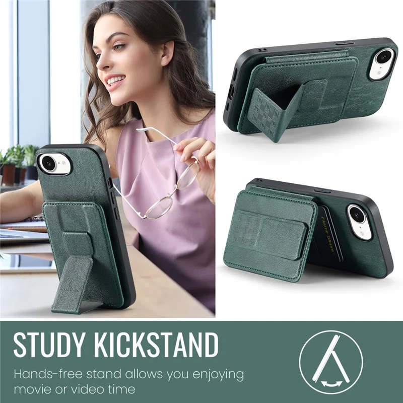 FIERRE SHANN 024 For iPhone 17e / 16e Case Card Holder Kickstand Waxy Texture Leather + TPU Phone Cover - Green