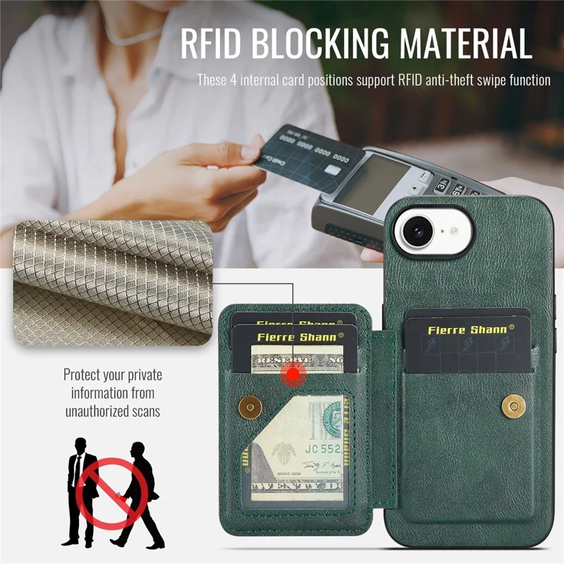 FIERRE SHANN 024 For iPhone 17e / 16e Case Card Holder Kickstand Waxy Texture Leather + TPU Phone Cover - Green