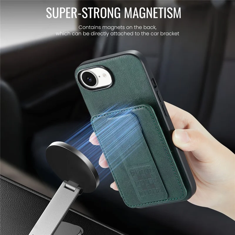 FIERRE SHANN 024 For iPhone 17e / 16e Case Card Holder Kickstand Waxy Texture Leather + TPU Phone Cover - Green