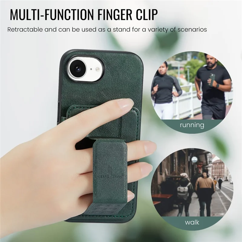 FIERRE SHANN 024 For iPhone 17e / 16e Case Card Holder Kickstand Waxy Texture Leather + TPU Phone Cover - Green