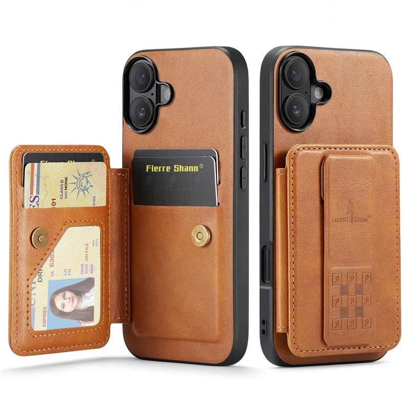 FIERRE SHANN 024 Handyhülle für iPhone 16 mit Kartenhalter, Ständer und Lederoptik + TPU Schutzhülle - Braun