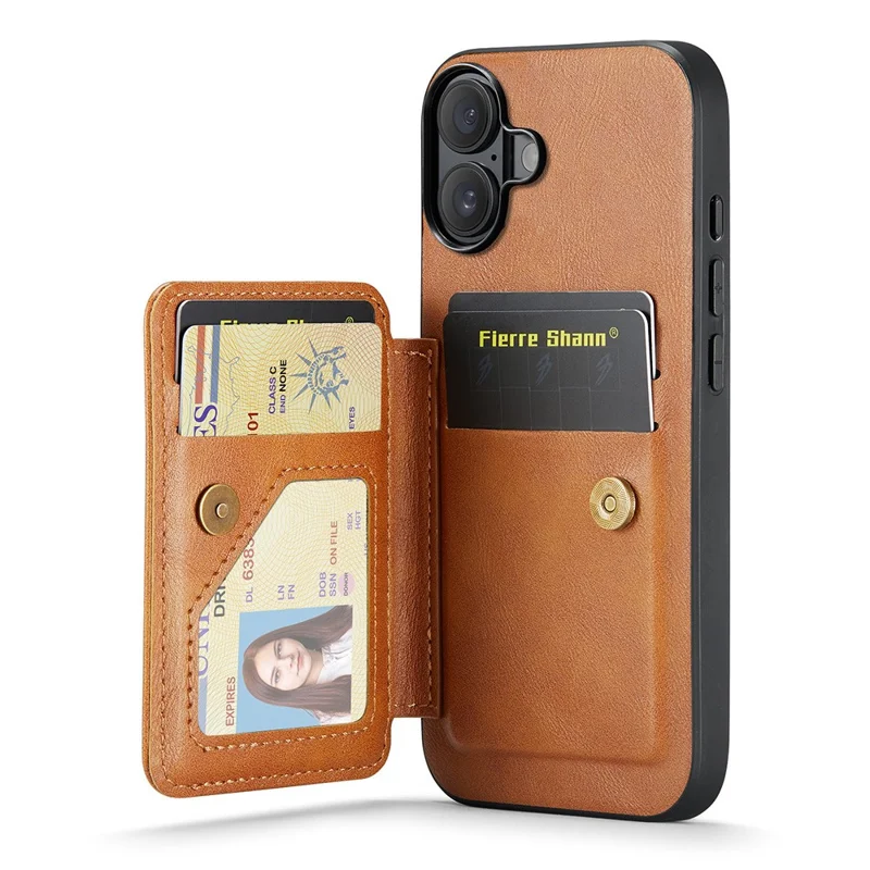 FIERRE SHANN 024 Handyhülle für iPhone 16 mit Kartenhalter, Ständer und Lederoptik + TPU Schutzhülle - Braun