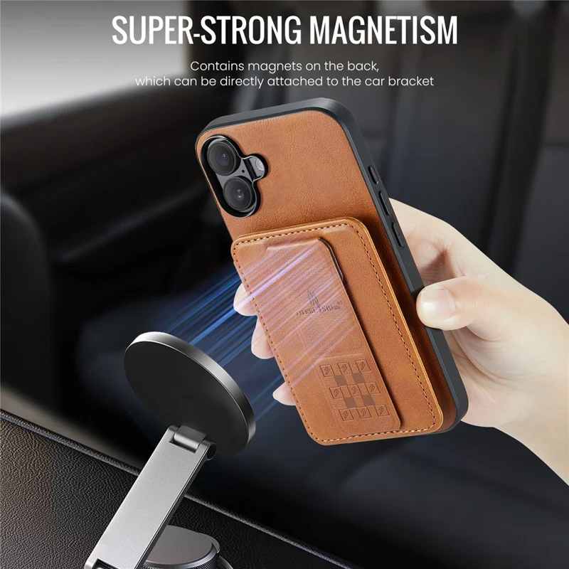 FIERRE SHANN 024 Handyhülle für iPhone 16 mit Kartenhalter, Ständer und Lederoptik + TPU Schutzhülle - Braun