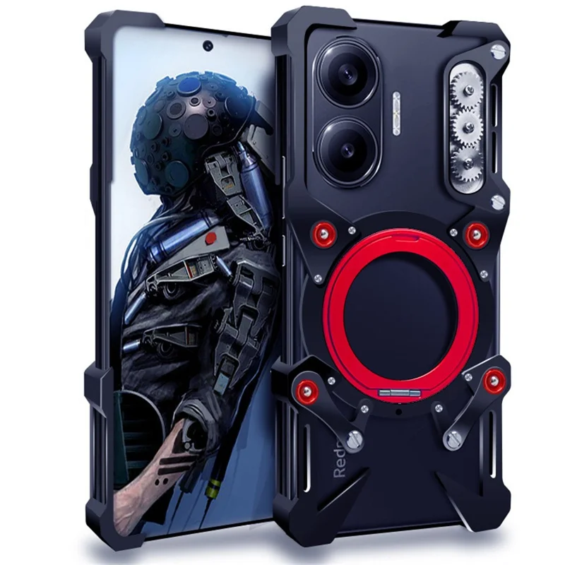 Per Xiaomi Redmi Turbo 4 Pro 5G Cover Paraurti con Supporto Rotante, Custodia Magnetica in Lega di Alluminio con Cinturino da Polso - Nero