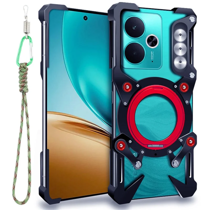 For Realme 14 5G / 14T 5G Bumper Case Kickstand Aluminum Alloy Magnetic Phone Cover with Wrist Strap - Black