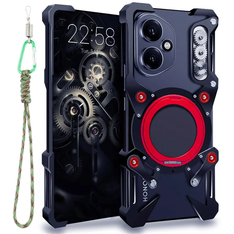 For Honor 400 5G (Global) Bumper Case Kickstand Aluminum Alloy Magnetic Phone Cover with Wrist Strap - Black