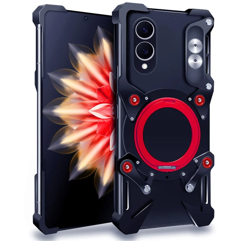 For Samsung Galaxy S25 Edge Bumper Case Kickstand Aluminum Alloy Magnetic Phone Cover with Wrist Strap - Black