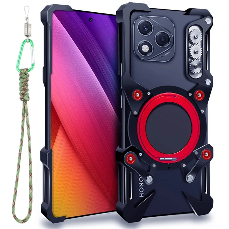 For Honor 400 Lite 5G / 400 Pro 5G (Global) Bumper Case Kickstand Aluminum Alloy Magnetic Phone Cover with Wrist Strap - Black