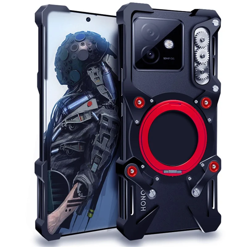 Capa de para-choque para Honor GT / X50i 5G / X60 GT 5G / X60i 5G / X70i / X8b 4G / X8c 4G, Capa de telefone magnética de liga de alumínio com suporte e alça de pulso - Preto