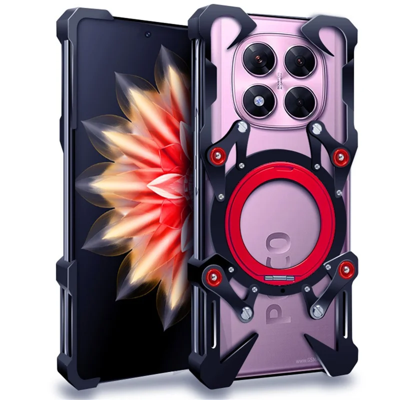 Чехол для Xiaomi Poco X7 5G / Redmi Note 14 Pro 5G с бампером, подставкой, алюминиевым сплавом, магнитной крышкой и ремешком на руку - Черный
