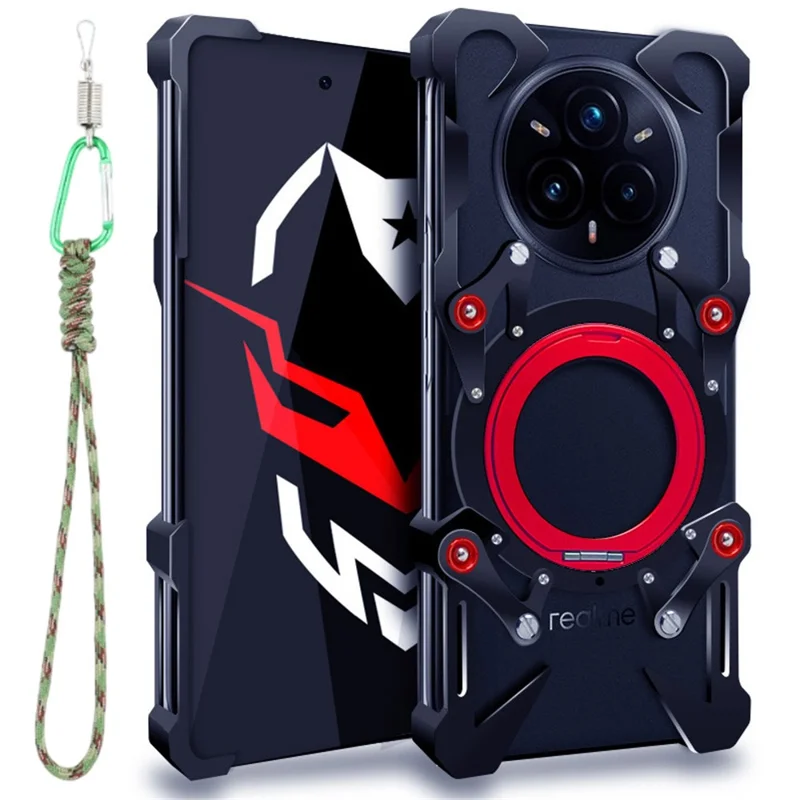 For Realme 14 Pro+ 5G Bumper Case Kickstand Aluminum Alloy Magnetic Phone Cover with Wrist Strap - Black