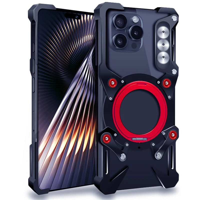 Cover Paraurti per iPhone 16 Plus / 15 Plus / 15 Pro Max / 14 Plus / 14 Pro Max / 13 Pro / 12 Pro Max, Cover Magnetica per Telefono in Lega di Alluminio con Supporto - Nero