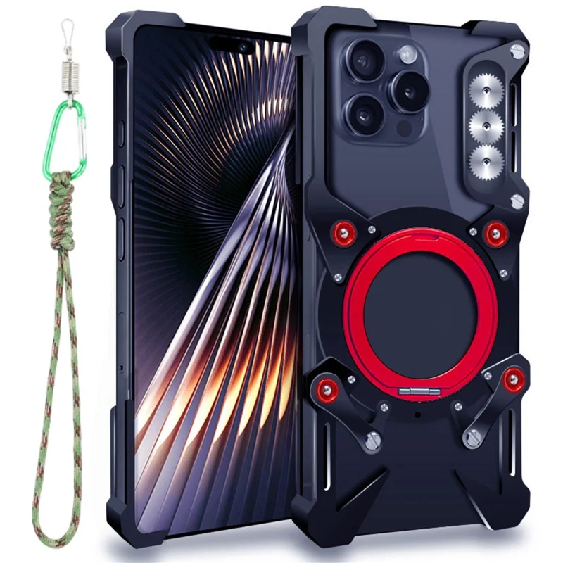 For iPhone 16 Pro Max Bumper Case Kickstand Aluminum Alloy Magnetic Phone Cover with Wrist Strap - Black