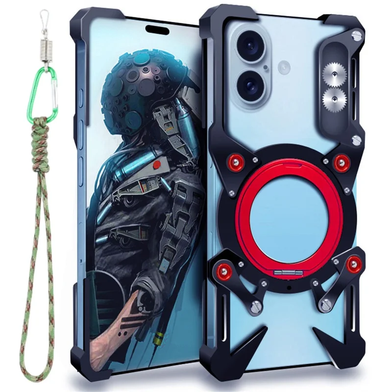 Bumper Case For iPhone 16 / 15 / 14 Pro , Kickstand Aluminum Alloy Magnetic Phone Cover with Wrist Strap - Black