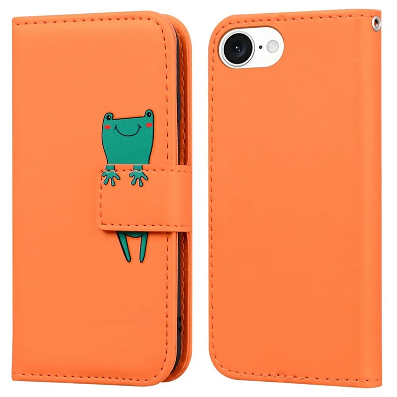 For iPhone 16e Hoesje met Grappig Cartoonpatroon Portemonnee Leren Telefoonhoes - Oranje