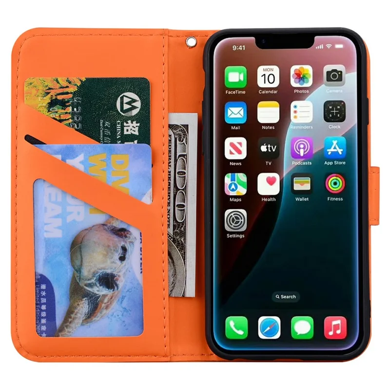 For iPhone 16e Hoesje met Grappig Cartoonpatroon Portemonnee Leren Telefoonhoes - Oranje