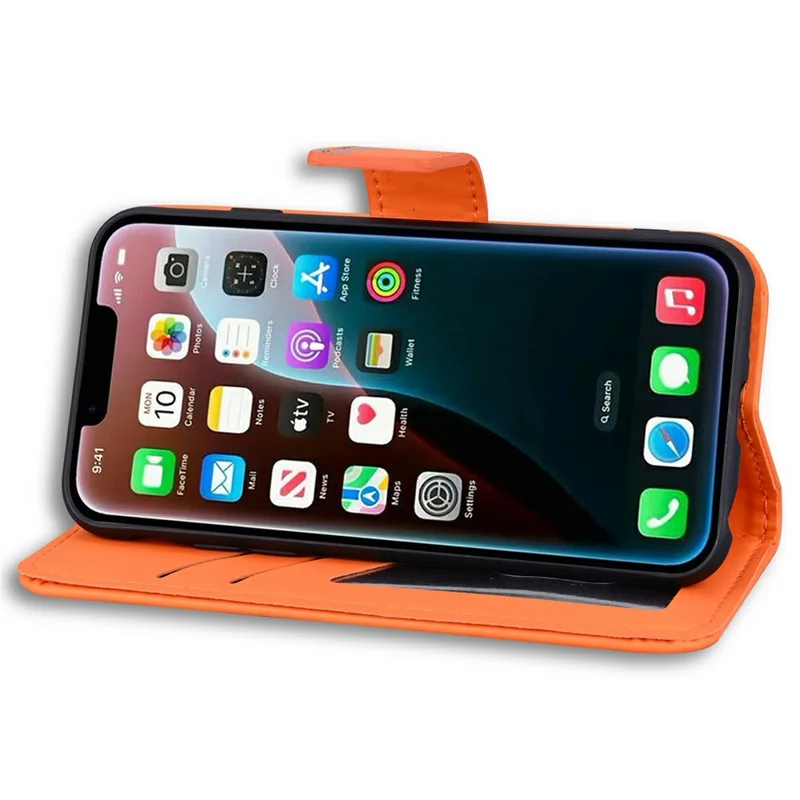 For iPhone 16e Hoesje met Grappig Cartoonpatroon Portemonnee Leren Telefoonhoes - Oranje
