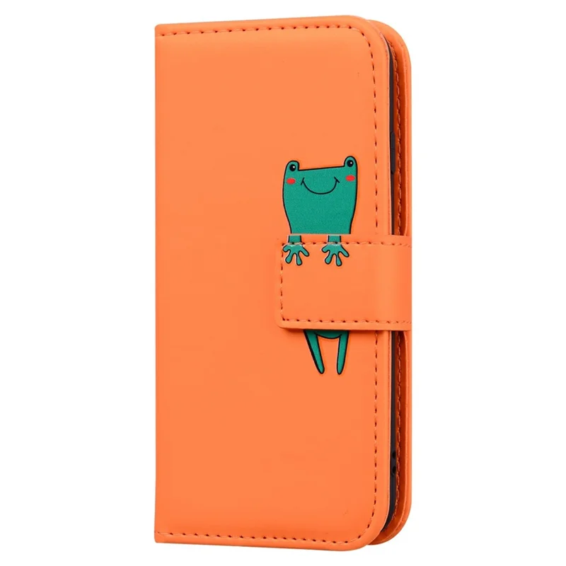 For iPhone 16e Hoesje met Grappig Cartoonpatroon Portemonnee Leren Telefoonhoes - Oranje