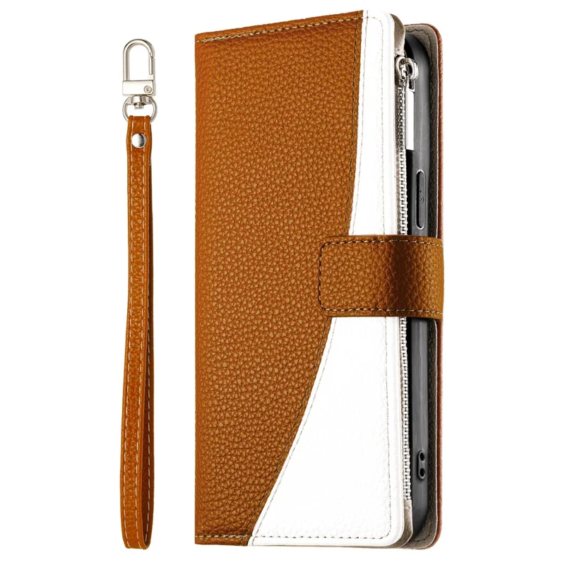 For Google Pixel 8 Case Zipper Wallet Color Splicing Leather Flip Phone Cover with Straps - Brown