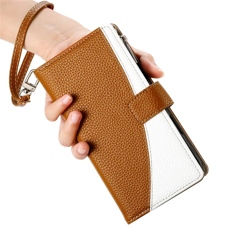 For Google Pixel 8 Case Zipper Wallet Color Splicing Leather Flip Phone Cover with Straps - Brown