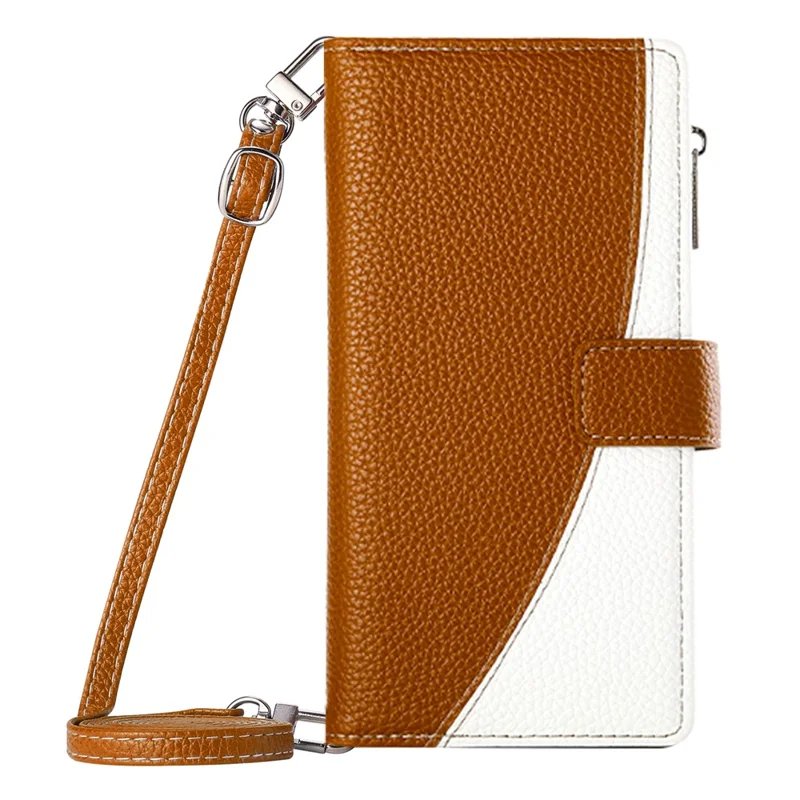 For Google Pixel 8 Case Zipper Wallet Color Splicing Leather Flip Phone Cover with Straps - Brown