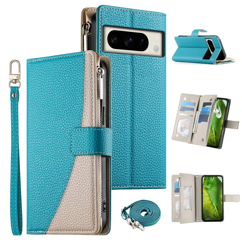 For Google Pixel 8 Pro Case Zipper Wallet Color Splicing Leather Flip Phone Cover with Straps - Lake Blue