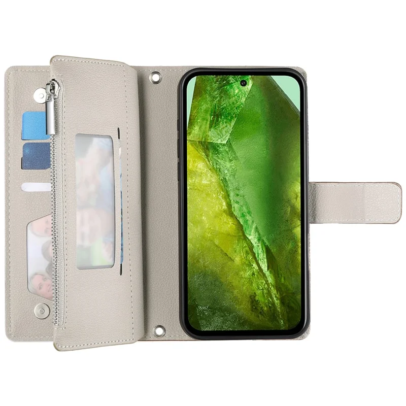 Capa para Google Pixel 8a com Carteira de Zíper, Couro com Divisão de Cores, Flip Cover com Alças - Azul Lago