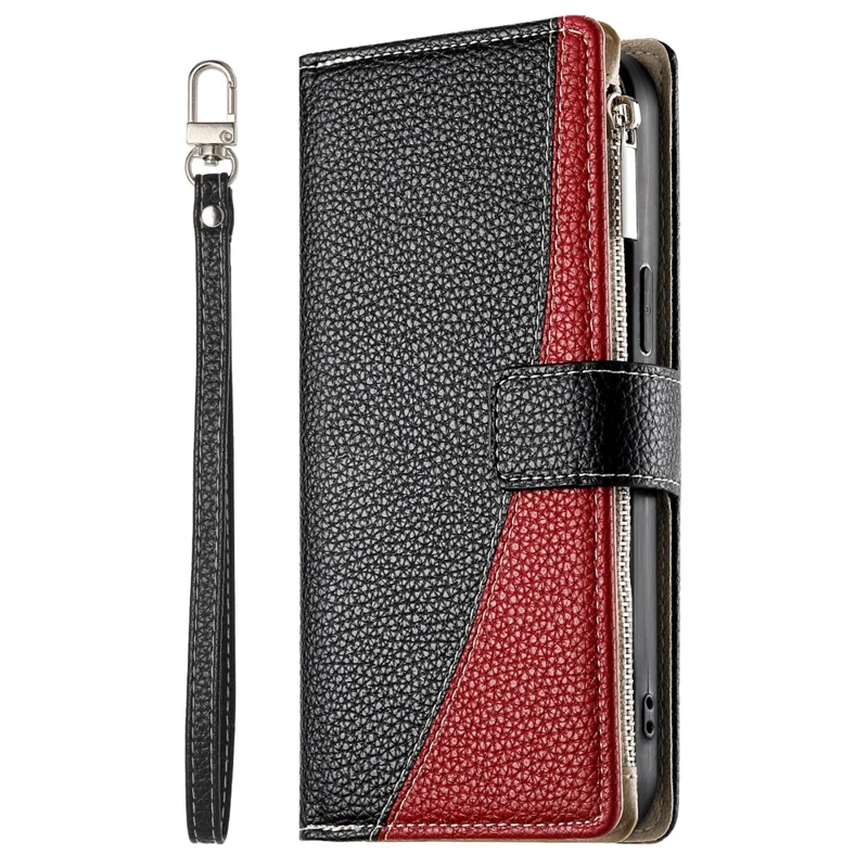 For Google Pixel 8a Case Zipper Wallet Color Splicing Leather Flip Phone Cover with Straps - Black