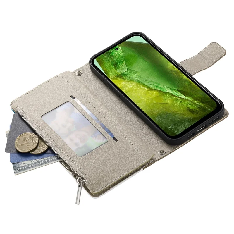 For Google Pixel 8a Case Zipper Wallet Color Splicing Leather Flip Phone Cover with Straps - Black