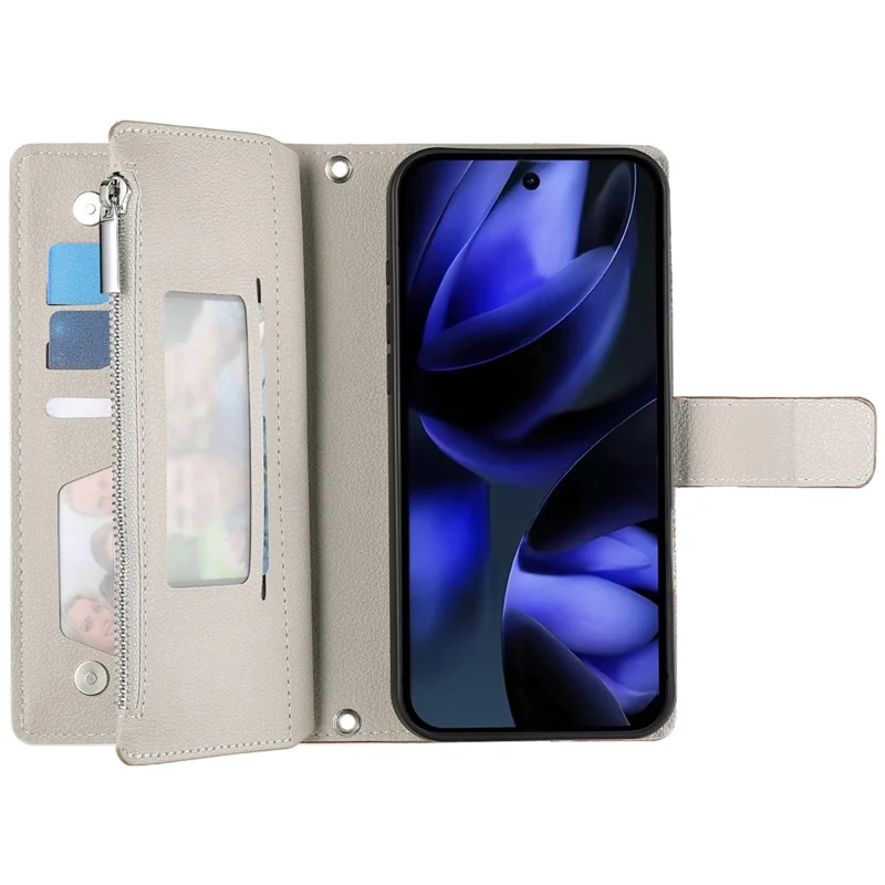 Cover a portafoglio con cerniera per Google Pixel 10 Pro XL / Pixel 9 Pro XL, con inserti a colori in pelle e cinghiette - Blu lago