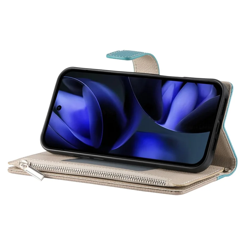 Cover a portafoglio con cerniera per Google Pixel 10 Pro XL / Pixel 9 Pro XL, con inserti a colori in pelle e cinghiette - Blu lago