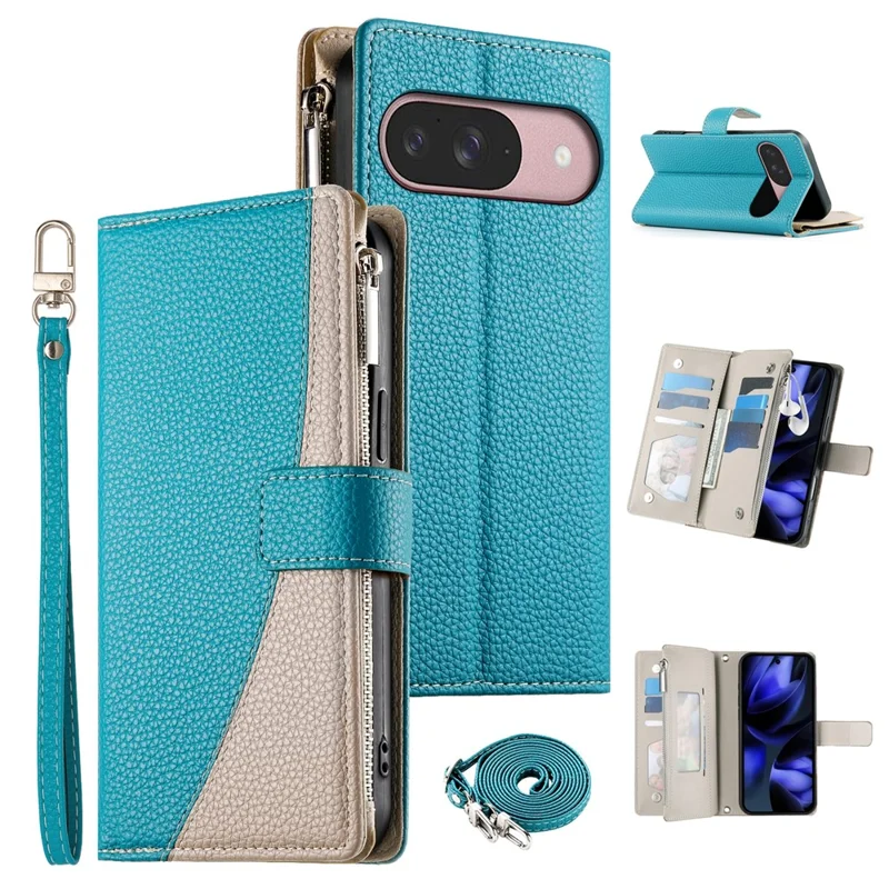 Custodia in Pelle per Google Pixel 10 Pro / 10 / 9 Pro / 9 Portafoglio con Zip Multicolore Flip Cover per Telefono con Cinghie - Blu Lago