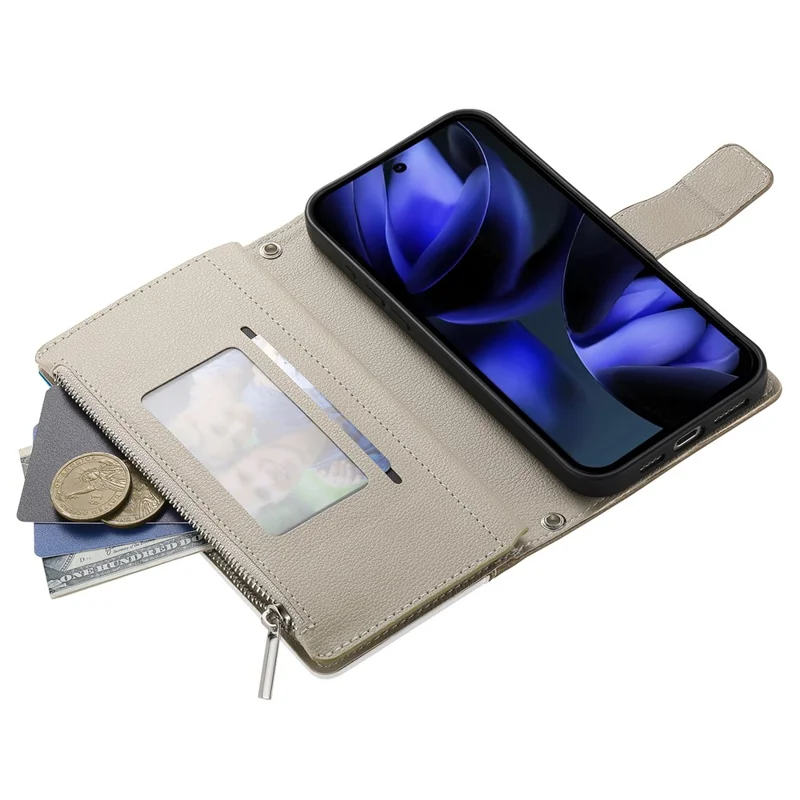 For Google Pixel 9a Case Zipper Wallet Color Splicing Leather Flip Phone Cover with Straps - Lake Blue