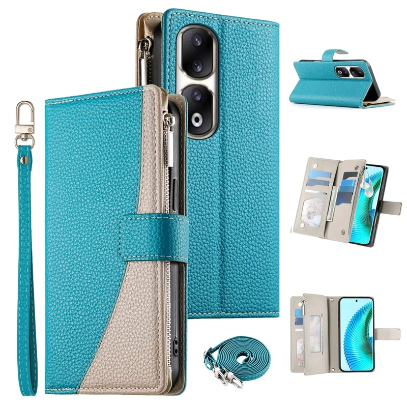For Honor 90 Pro Case Zipper Wallet Color Splicing Leather Flip Phone Cover with Straps - Lake Blue