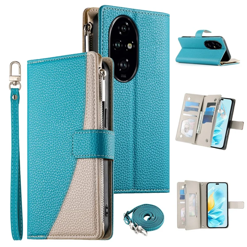 For Honor 200 Pro 5G Case Zipper Wallet Color Splicing Leather Flip Phone Cover with Straps - Lake Blue