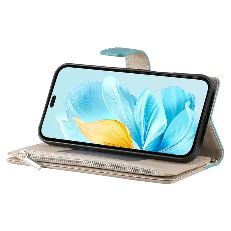 For Honor 200 Pro 5G Case Zipper Wallet Color Splicing Leather Flip Phone Cover with Straps - Lake Blue