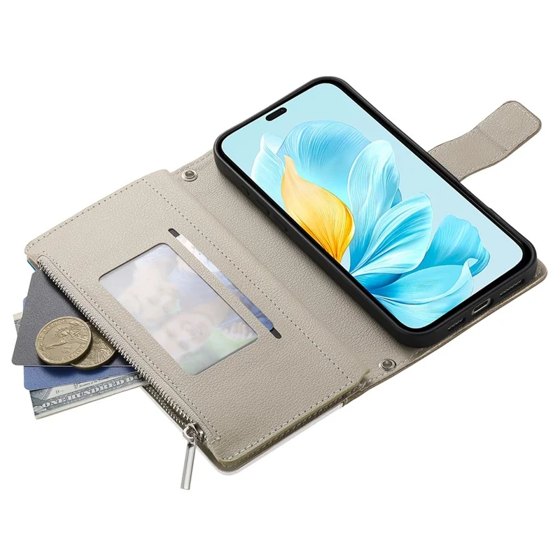 For Honor 200 Pro 5G Case Zipper Wallet Color Splicing Leather Flip Phone Cover with Straps - Black
