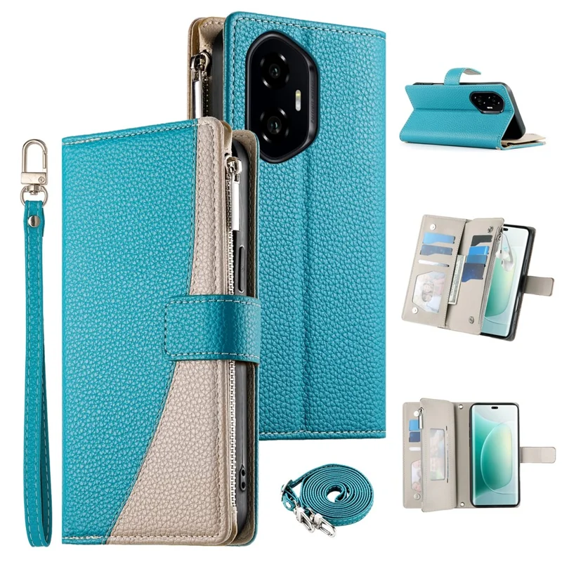 Étui For Honor 300 Portefeuille à Fermeture Éclair avec Écran Rabattable en Cuir Bicolore et Sangles - Bleu Lac