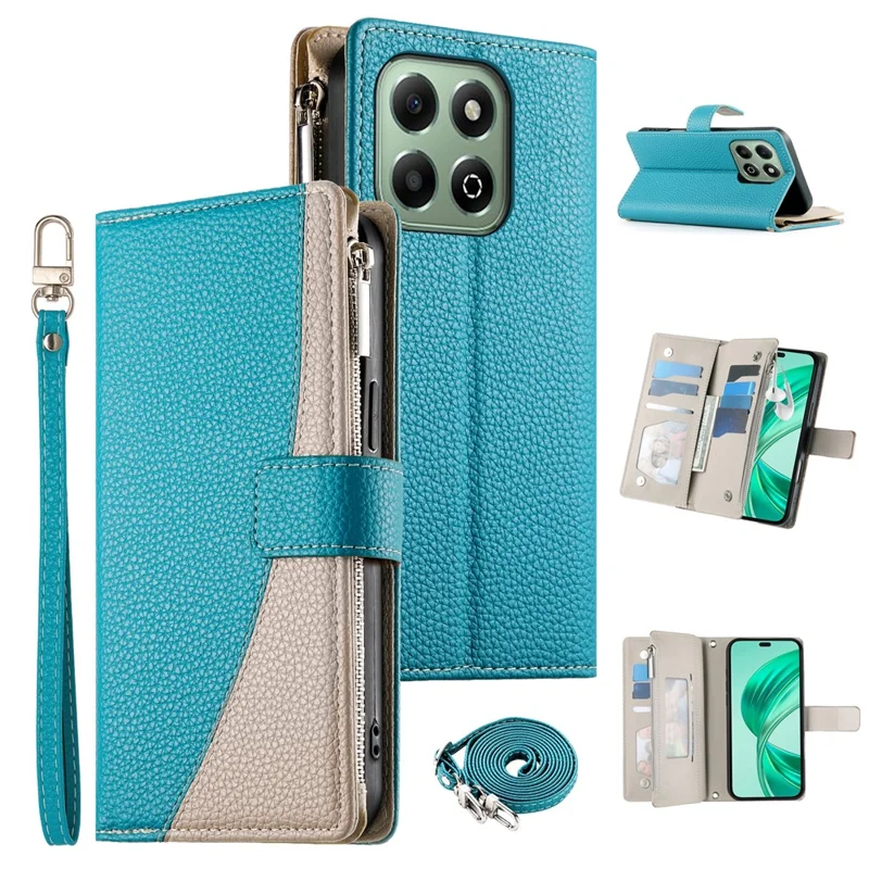 For Honor X6b 4G Case Zipper Wallet Color Splicing Leather Flip Phone Cover with Straps - Lake Blue