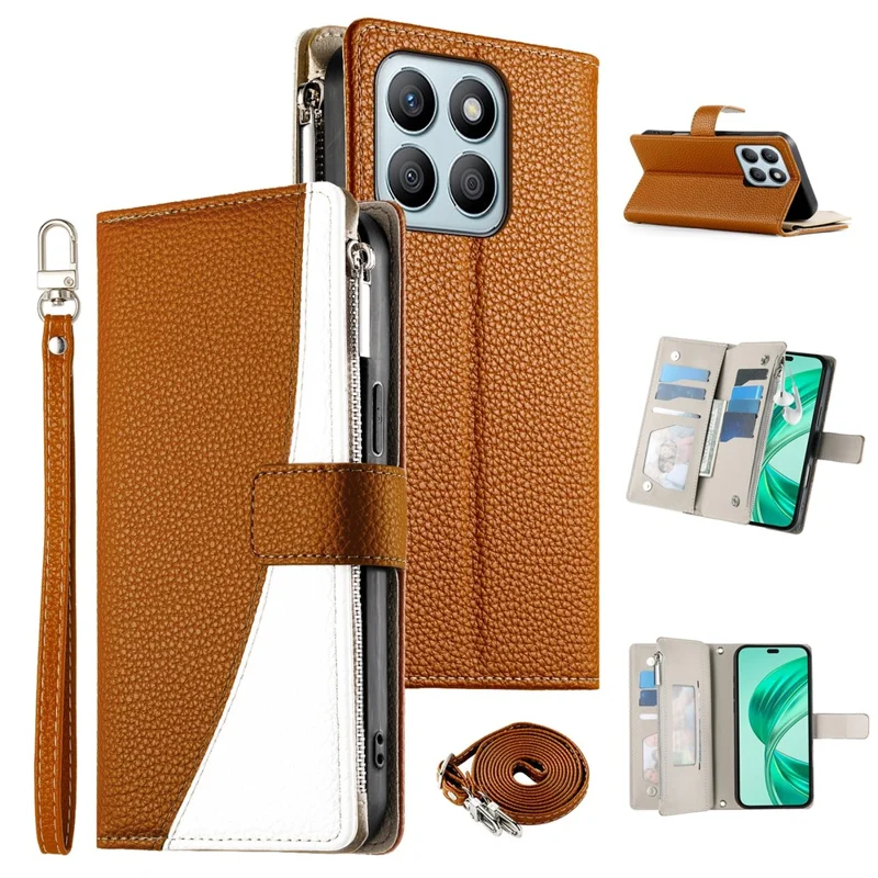 Étui For Honor X8b 4G Portefeuille à Fermeture Éclair Bicolore en Cuir avec Sangles - Marron