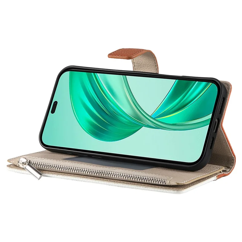 Étui For Honor X8b 4G Portefeuille à Fermeture Éclair Bicolore en Cuir avec Sangles - Marron