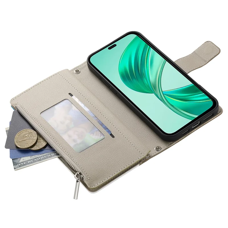 Étui For Honor X8b 4G Portefeuille à Fermeture Éclair Bicolore en Cuir avec Sangles - Marron